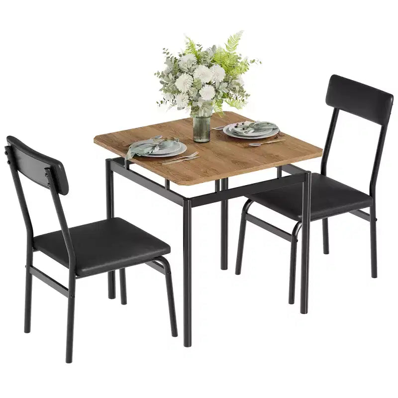 Set da tavolo da pranzo da 3 pezzi, set da cucina con tavolo da cucina in venatura del legno e 2 sedie in metallo imbottite in PU per piccoli spazi, cena a casa