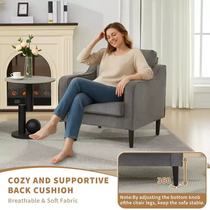Poltrona Moderna e Comoda, Poltrona Imbottita in Tessuto Lino, Poltrona da Lettura, Divano Singolo con Cuscino Schienale e Gambe in Legno per Soggiorno, Beige