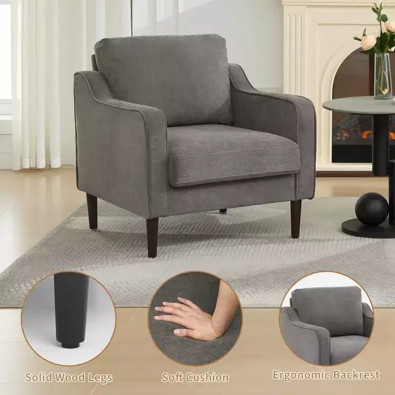 Poltrona Moderna e Comoda, Poltrona Imbottita in Tessuto Lino, Poltrona da Lettura, Divano Singolo con Cuscino Schienale e Gambe in Legno per Soggiorno, Beige
