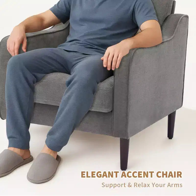 Poltrona Moderna e Comoda, Poltrona Imbottita in Tessuto Lino, Poltrona da Lettura, Divano Singolo con Cuscino Schienale e Gambe in Legno per Soggiorno, Beige