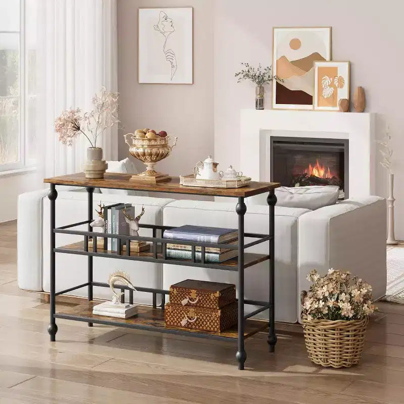 Consolle Industriale da 43 pollici a 3 Ripiani, Tavolo Stretto da Ingresso e Divano con Mensole, Design Salvaspazio per Corridoio, Soggiorno, Piccole Aree