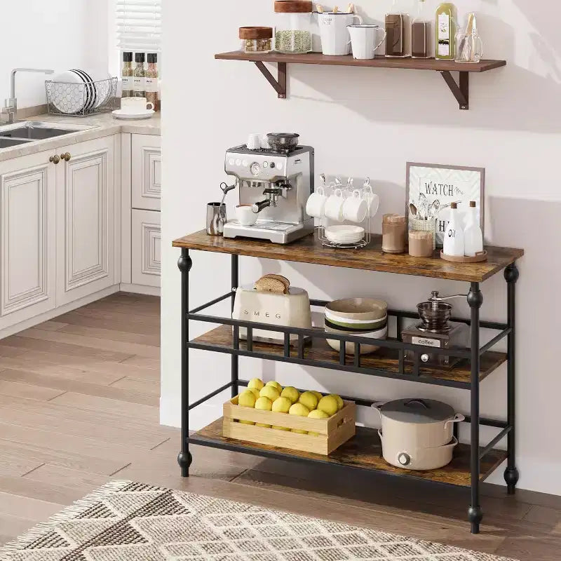 Consolle Industriale da 43 pollici a 3 Ripiani, Tavolo Stretto da Ingresso e Divano con Mensole, Design Salvaspazio per Corridoio, Soggiorno, Piccole Aree