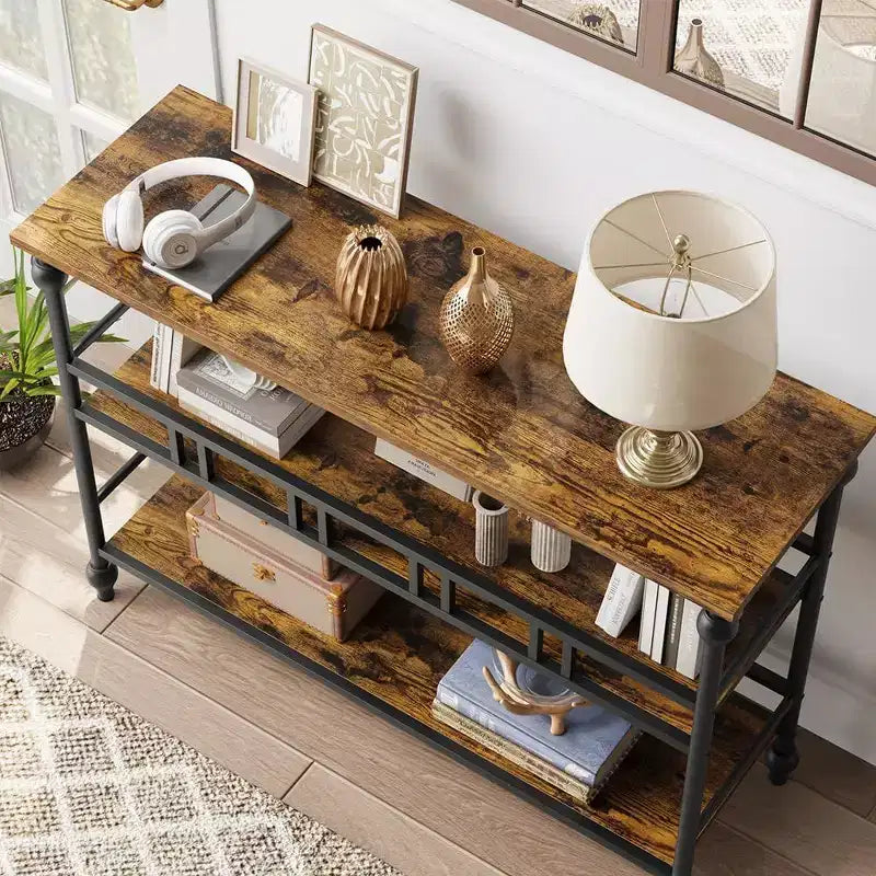 Consolle Industriale da 43 pollici a 3 Ripiani, Tavolo Stretto da Ingresso e Divano con Mensole, Design Salvaspazio per Corridoio, Soggiorno, Piccole Aree