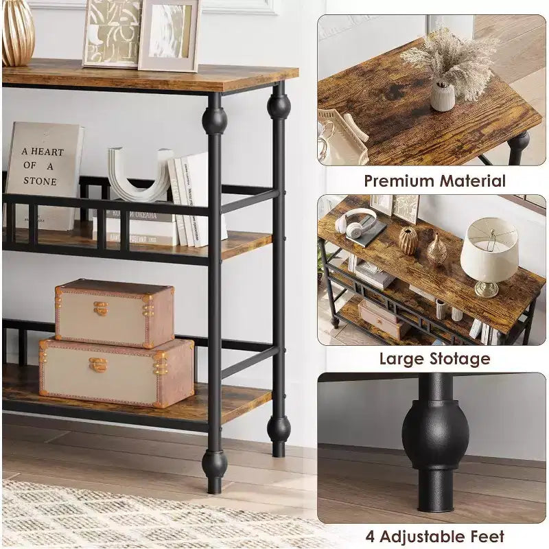 Consolle Industriale da 43 pollici a 3 Ripiani, Tavolo Stretto da Ingresso e Divano con Mensole, Design Salvaspazio per Corridoio, Soggiorno, Piccole Aree