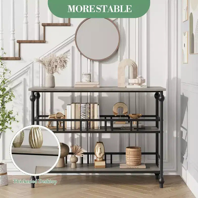 Consolle Industriale da 43 pollici a 3 Ripiani, Tavolo Stretto da Ingresso e Divano con Mensole, Design Salvaspazio per Corridoio, Soggiorno, Piccole Aree