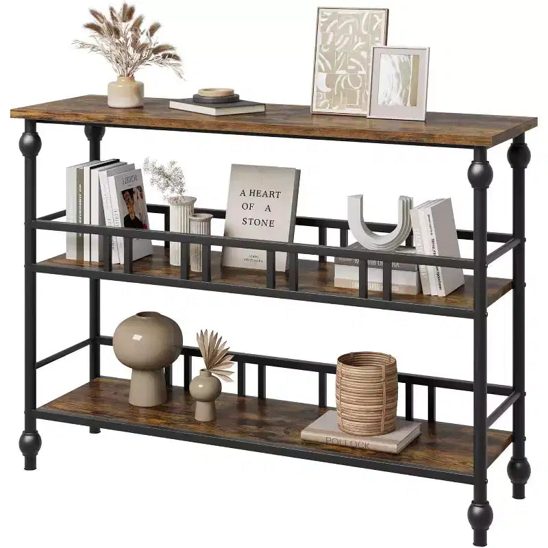 Consolle Industriale da 43 pollici a 3 Ripiani, Tavolo Stretto da Ingresso e Divano con Mensole, Design Salvaspazio per Corridoio, Soggiorno, Piccole Aree