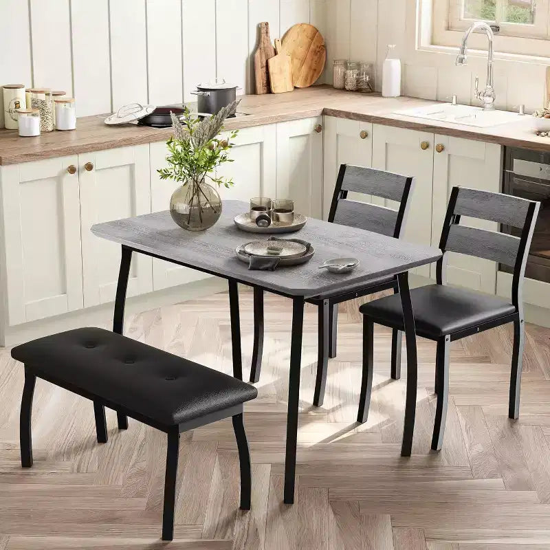 COZONY Set da Tavolo da Pranzo 5 Pezzi con Tavolo in Legno, Panca Imbottita e 2 Sedie, Set Dinette Salvaspazio per Monolocale, Cucina, Sala da Pranzo