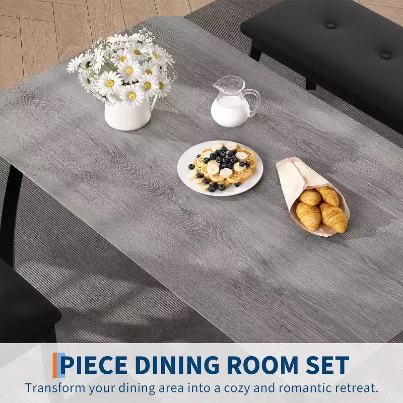 COZONY Set da Tavolo da Pranzo 5 Pezzi con Tavolo in Legno, Panca Imbottita e 2 Sedie, Set Dinette Salvaspazio per Monolocale, Cucina, Sala da Pranzo