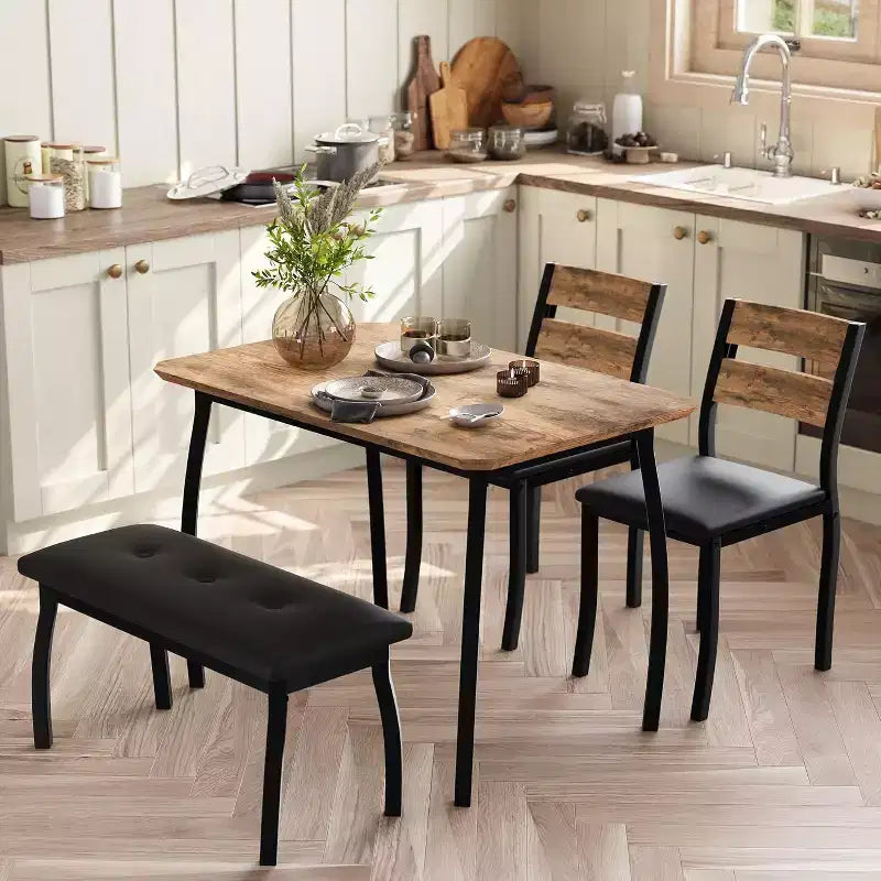COZONY Set da Tavolo da Pranzo 5 Pezzi con Tavolo in Legno, Panca Imbottita e 2 Sedie, Set Dinette Salvaspazio per Monolocale, Cucina, Sala da Pranzo
