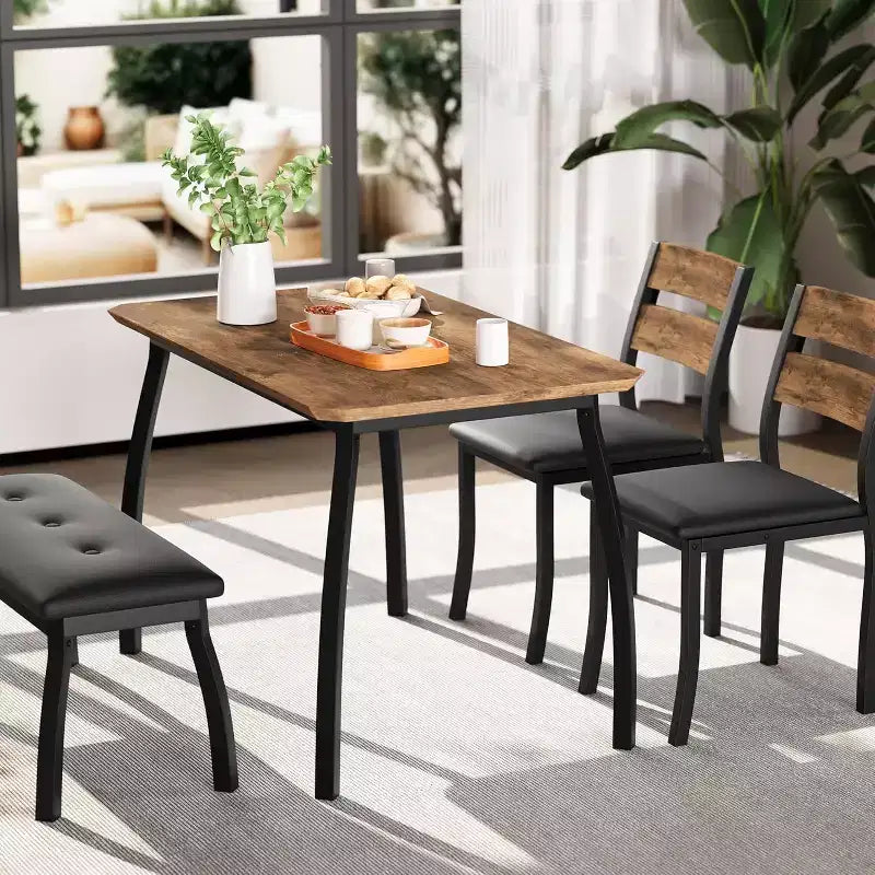 COZONY Set da Tavolo da Pranzo 5 Pezzi con Tavolo in Legno, Panca Imbottita e 2 Sedie, Set Dinette Salvaspazio per Monolocale, Cucina, Sala da Pranzo
