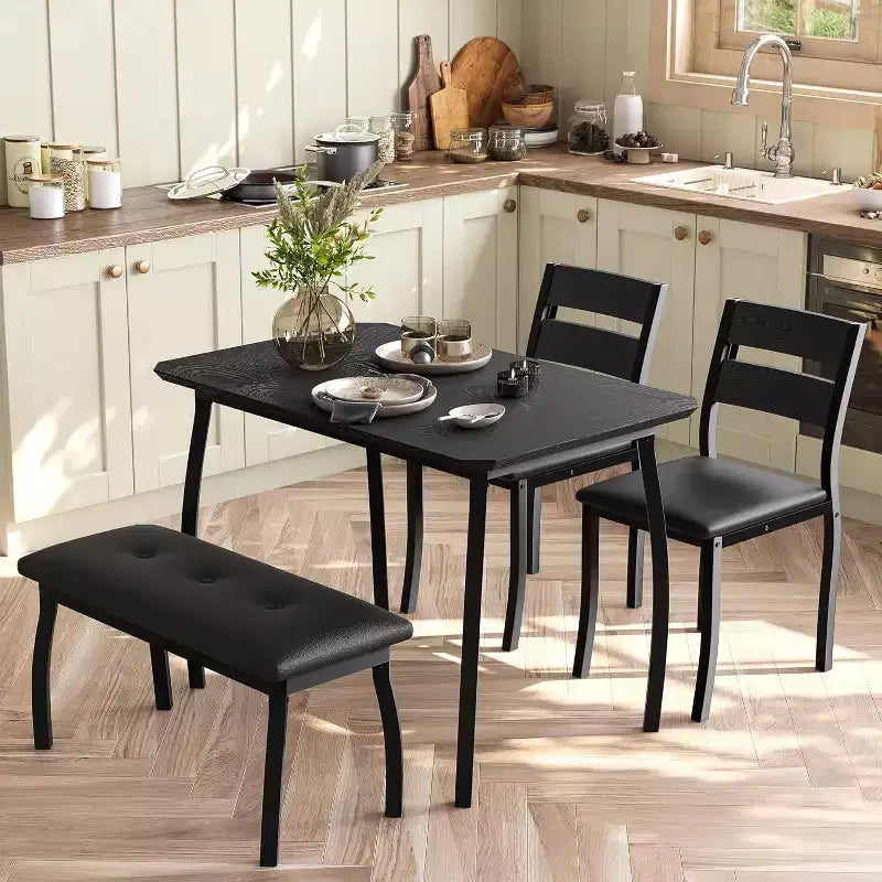COZONY Set da Tavolo da Pranzo 5 Pezzi con Tavolo in Legno, Panca Imbottita e 2 Sedie, Set Dinette Salvaspazio per Monolocale, Cucina, Sala da Pranzo