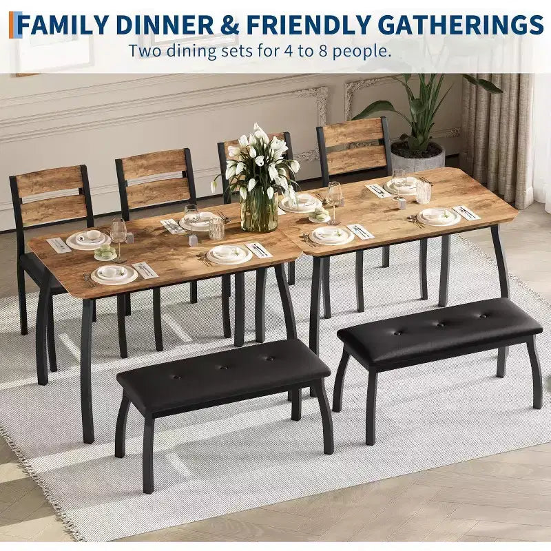 COZONY Set da Tavolo da Pranzo 5 Pezzi con Tavolo in Legno, Panca Imbottita e 2 Sedie, Set Dinette Salvaspazio per Monolocale, Cucina, Sala da Pranzo