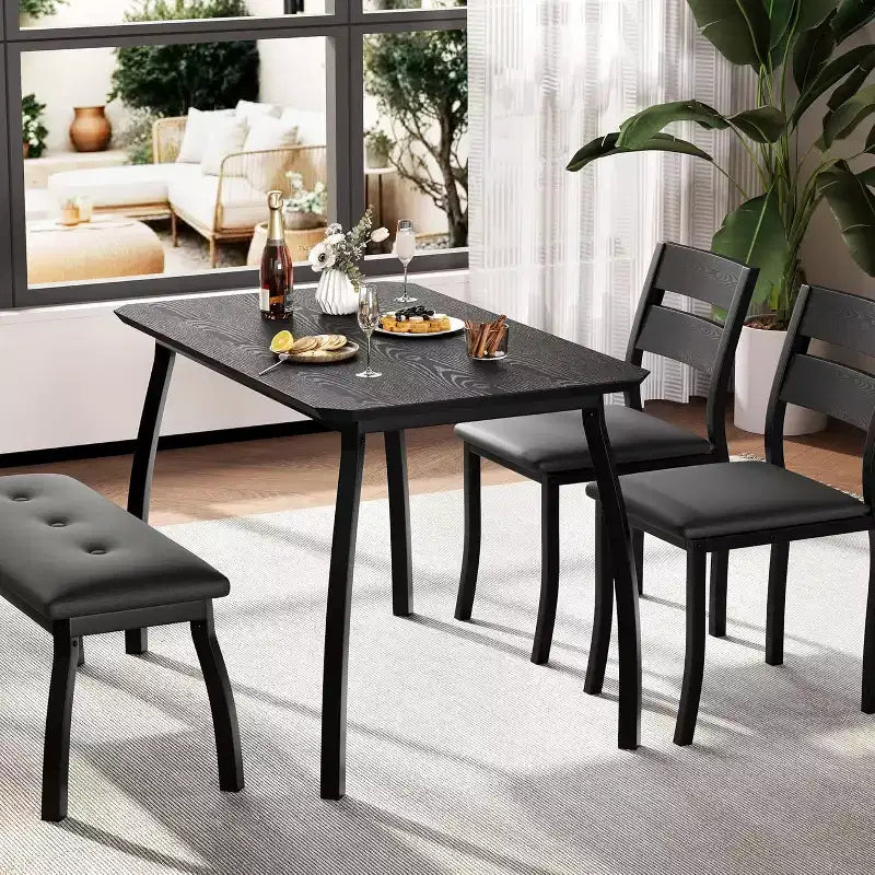 COZONY Set da Tavolo da Pranzo 5 Pezzi con Tavolo in Legno, Panca Imbottita e 2 Sedie, Set Dinette Salvaspazio per Monolocale, Cucina, Sala da Pranzo