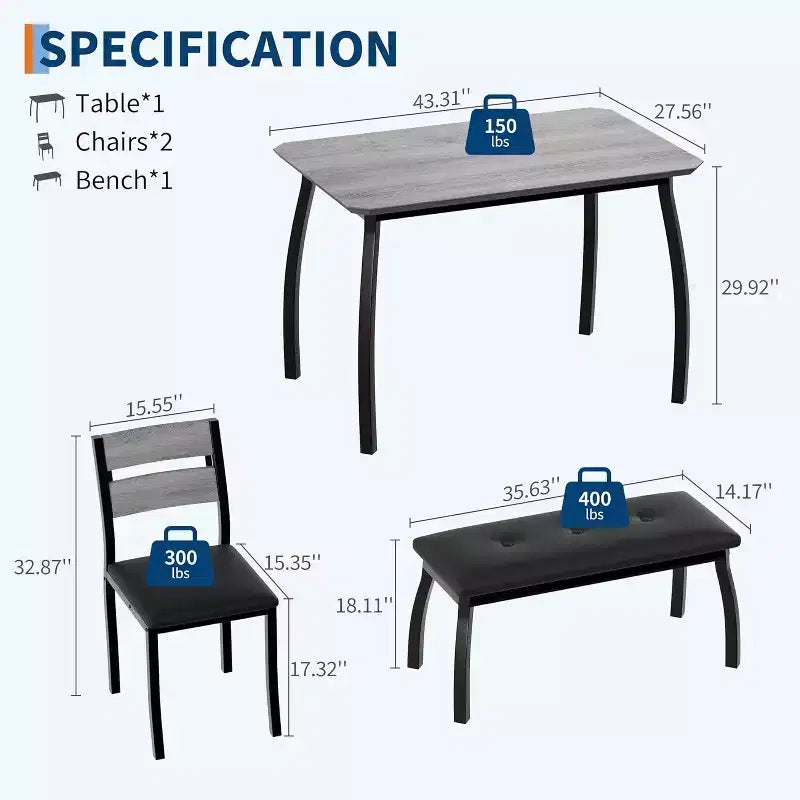 COZONY Set da Tavolo da Pranzo 5 Pezzi con Tavolo in Legno, Panca Imbottita e 2 Sedie, Set Dinette Salvaspazio per Monolocale, Cucina, Sala da Pranzo