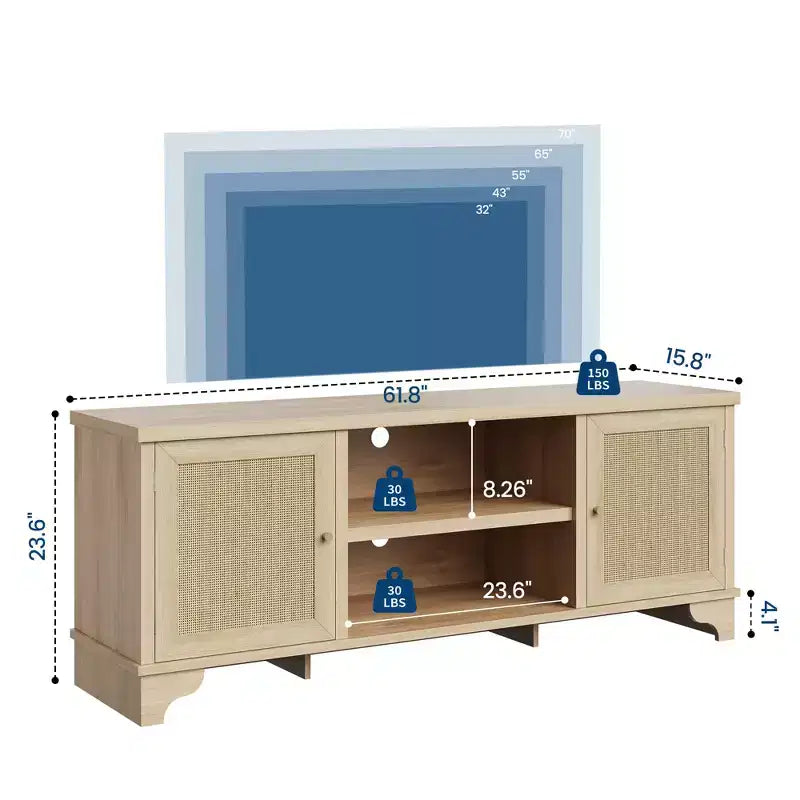Mobile TV in rattan per TV fino a 70 pollici, consolle multimediale in legno con armadietti e ripiani aperti, elegante centro di intrattenimento per soggiorno