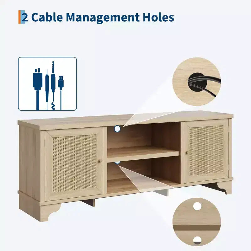 Mobile TV in rattan per TV fino a 70 pollici, consolle multimediale in legno con armadietti e ripiani aperti, elegante centro di intrattenimento per soggiorno