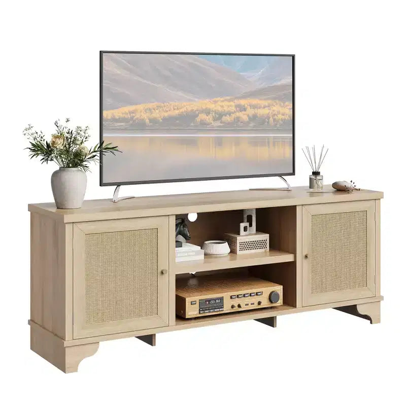 Mobile TV in rattan per TV fino a 70 pollici, consolle multimediale in legno con armadietti e ripiani aperti, elegante centro di intrattenimento per soggiorno