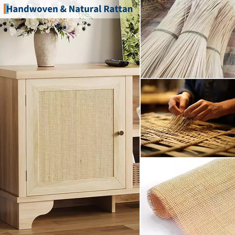 Mobile TV in rattan per TV fino a 70 pollici, consolle multimediale in legno con armadietti e ripiani aperti, elegante centro di intrattenimento per soggiorno