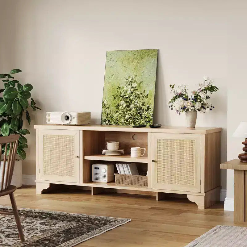Mobile TV in rattan per TV fino a 70 pollici, consolle multimediale in legno con armadietti e ripiani aperti, elegante centro di intrattenimento per soggiorno