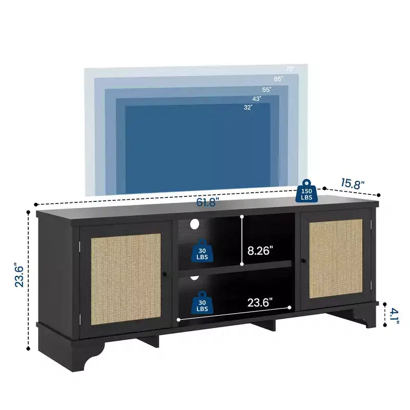 Mobile TV in rattan per TV fino a 70 pollici, consolle multimediale in legno con armadietti e ripiani aperti, elegante centro di intrattenimento per soggiorno