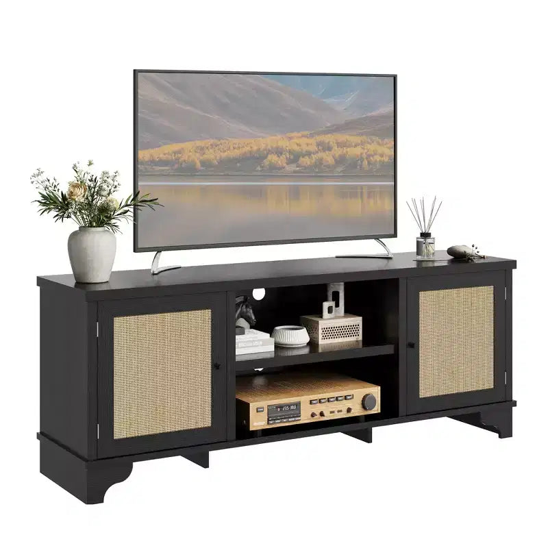 Mobile TV in rattan per TV fino a 70 pollici, consolle multimediale in legno con armadietti e ripiani aperti, elegante centro di intrattenimento per soggiorno