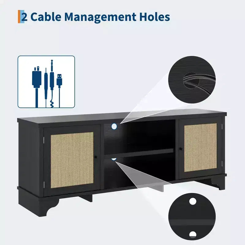 Mobile TV in rattan per TV fino a 70 pollici, consolle multimediale in legno con armadietti e ripiani aperti, elegante centro di intrattenimento per soggiorno