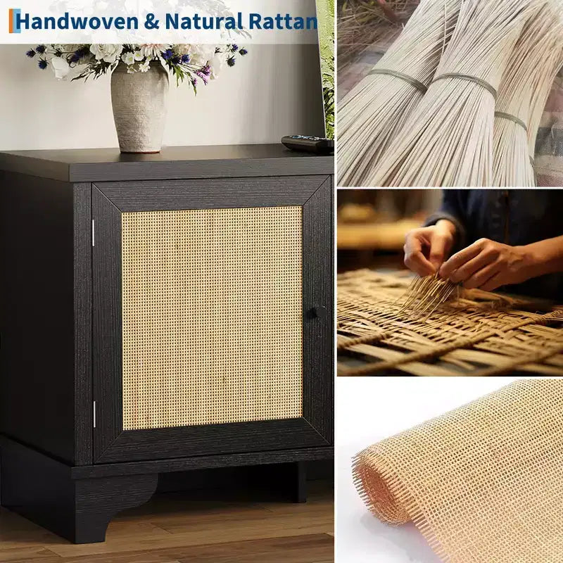 Mobile TV in rattan per TV fino a 70 pollici, consolle multimediale in legno con armadietti e ripiani aperti, elegante centro di intrattenimento per soggiorno