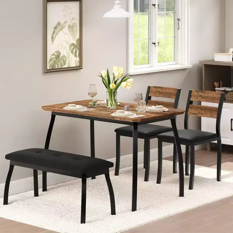 Set da pranzo in legno di 5 pezzi, panca imbottita e 2 sedie, set da pranzo salvaspazio per monolocale, cucina, sala da pranzo