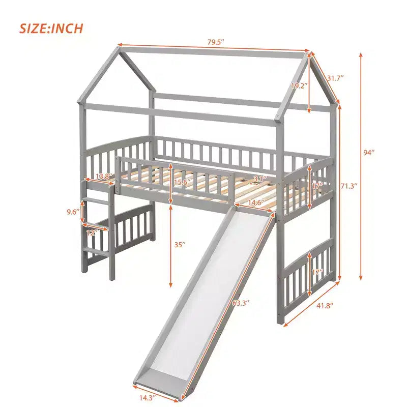 Bellemave Letto a soppalco singolo con scivolo e scaletta, letto a soppalco a forma di casetta per bambini, letto a soppalco in legno, per bambini e bambine, casetta grigia
