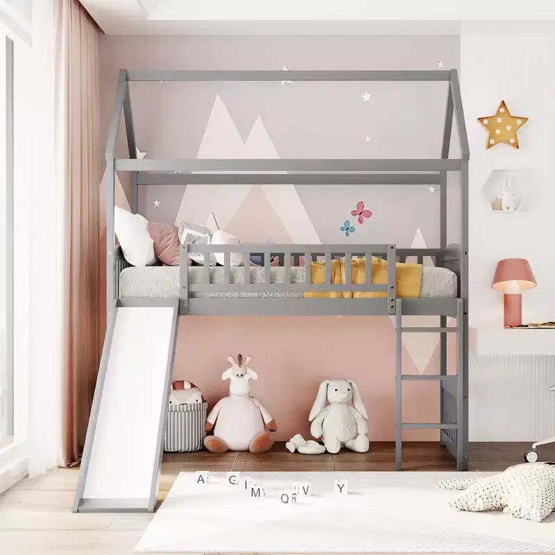 Bellemave Letto a soppalco singolo con scivolo e scaletta, letto a soppalco a forma di casetta per bambini, letto a soppalco in legno, per bambini e bambine, casetta grigia