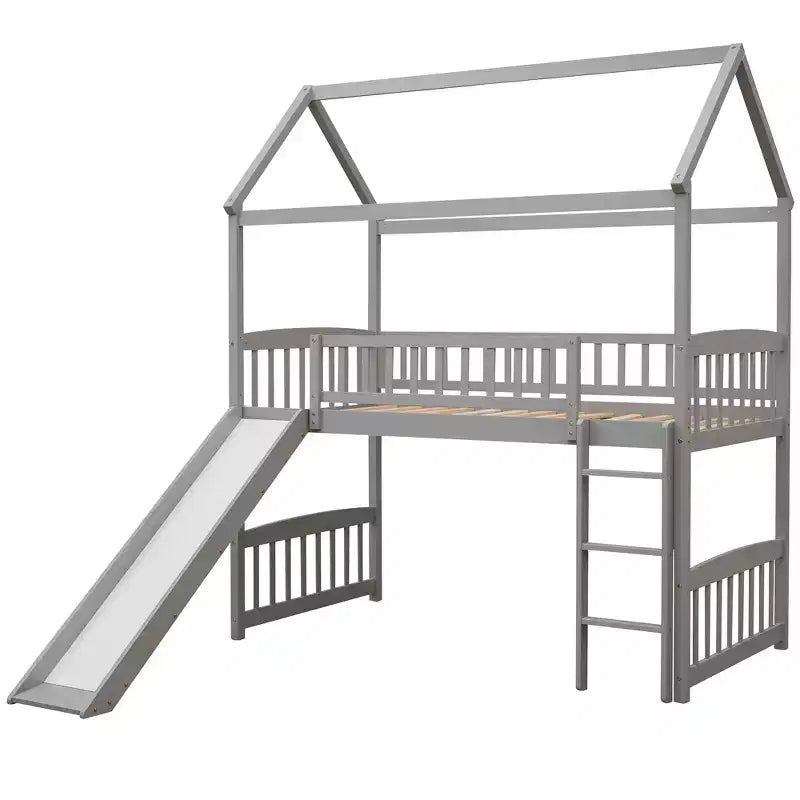Bellemave Letto a soppalco singolo con scivolo e scaletta, letto a soppalco a forma di casetta per bambini, letto a soppalco in legno, per bambini e bambine, casetta grigia