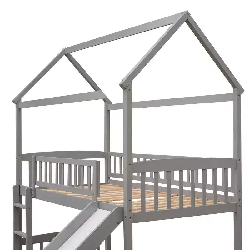 Bellemave Letto a soppalco singolo con scivolo e scaletta, letto a soppalco a forma di casetta per bambini, letto a soppalco in legno, per bambini e bambine, casetta grigia