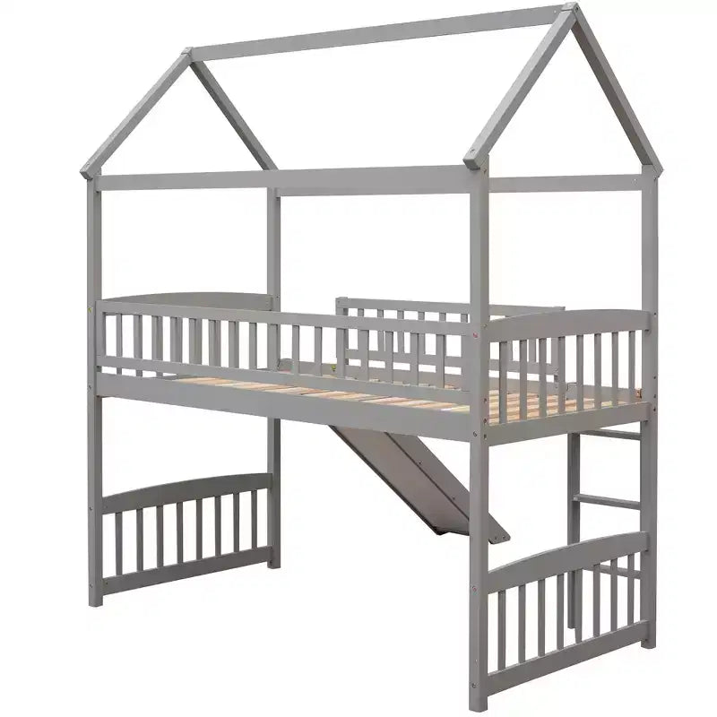 Bellemave Letto a soppalco singolo con scivolo e scaletta, letto a soppalco a forma di casetta per bambini, letto a soppalco in legno, per bambini e bambine, casetta grigia