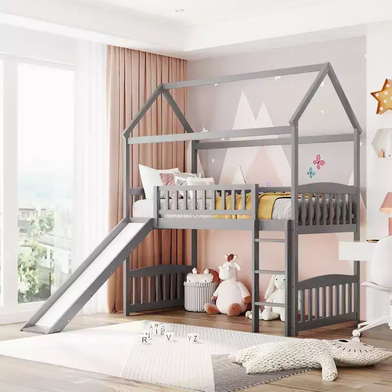 Bellemave Letto a soppalco singolo con scivolo e scaletta, letto a soppalco a forma di casetta per bambini, letto a soppalco in legno, per bambini e bambine, casetta grigia