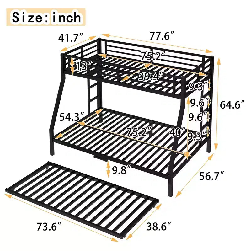 Letto a castello in metallo Bellemave con letto estraibile, letto a castello singolo sopra piazza e mezza con sponda di protezione, letto estraibile e scaletta per bambini/ragazzi, adulti, nessun box spring necessario, nero