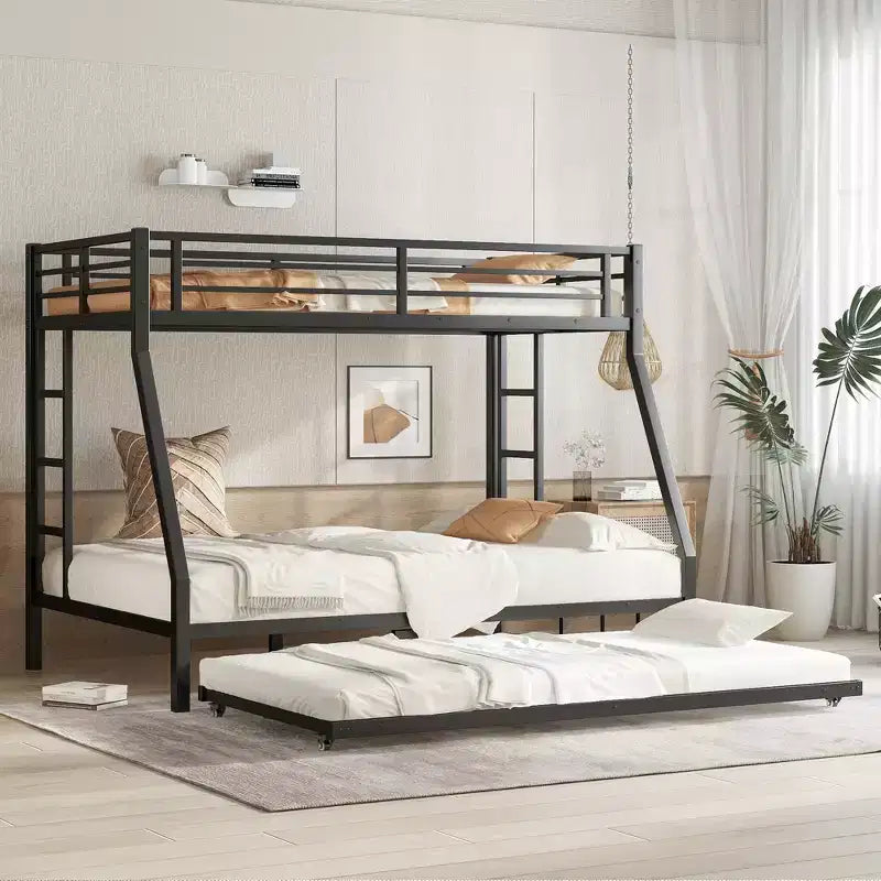 Letto a castello in metallo Bellemave con letto estraibile, letto a castello singolo sopra piazza e mezza con sponda di protezione, letto estraibile e scaletta per bambini/ragazzi, adulti, nessun box spring necessario, nero