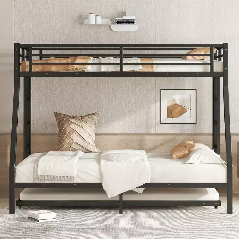 Letto a castello in metallo Bellemave con letto estraibile, letto a castello singolo sopra piazza e mezza con sponda di protezione, letto estraibile e scaletta per bambini/ragazzi, adulti, nessun box spring necessario, nero
