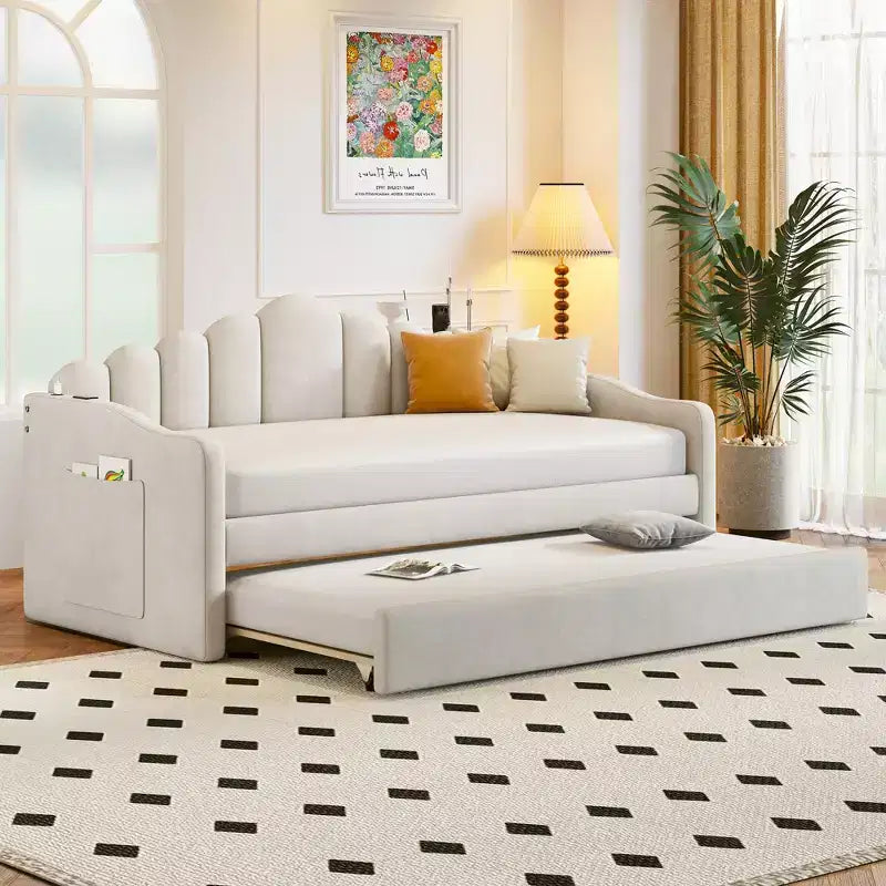 Bellemave Letto a giorno a una piazza con letto estraibile per adulti, bambini, ragazze, ragazzi, letti a giorno con letto estraibile per soggiorno, velluto, beige