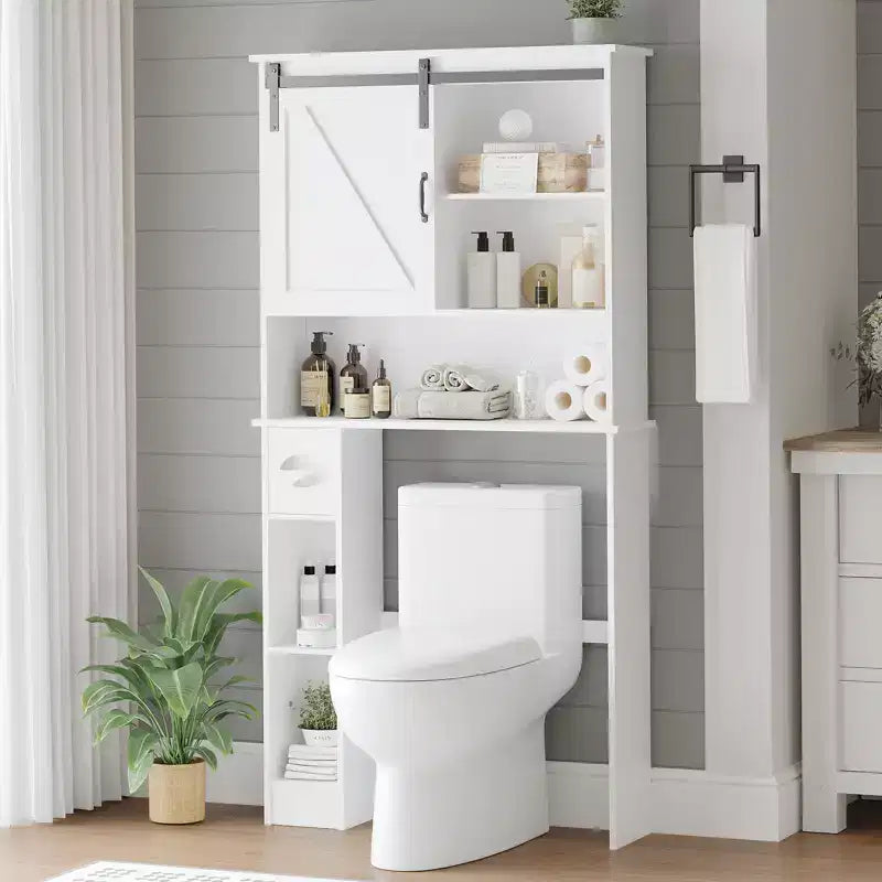 Mobiletto pensile da bagno sopra il WC, organizer da bagno a doppia anta con ripiani regolabili e portarotolo per risparmiare spazio, bianco