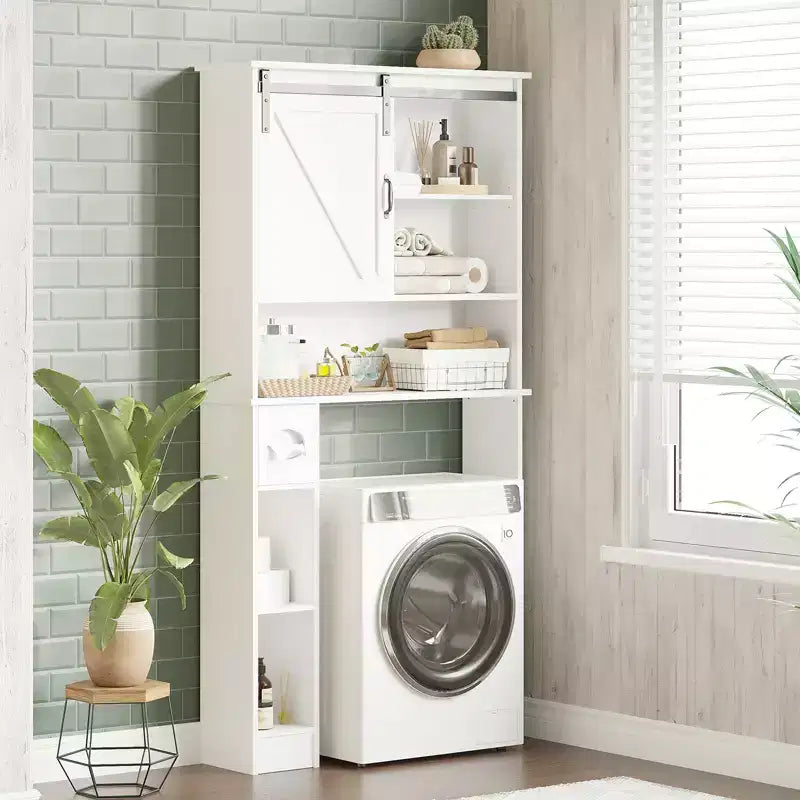 Mobiletto pensile da bagno sopra il WC, organizer da bagno a doppia anta con ripiani regolabili e portarotolo per risparmiare spazio, bianco