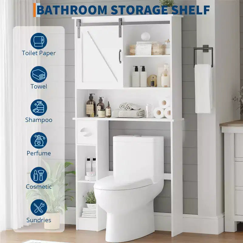 Mobiletto pensile da bagno sopra il WC, organizer da bagno a doppia anta con ripiani regolabili e portarotolo per risparmiare spazio, bianco