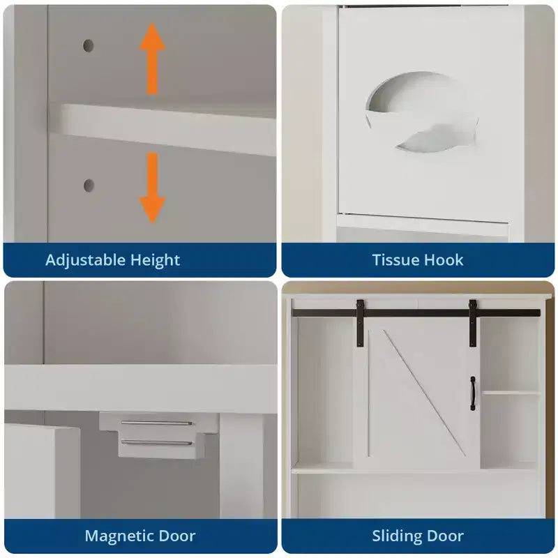 Mobiletto pensile da bagno sopra il WC, organizer da bagno a doppia anta con ripiani regolabili e portarotolo per risparmiare spazio, bianco