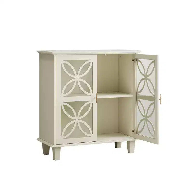 Homy Casa Mobiletto Contenitore con Ante in Vetro Decorativo e Ripiano Regolabile, Crema
