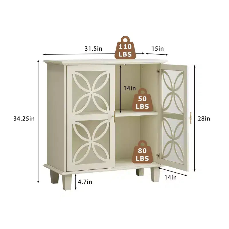 Homy Casa Mobiletto Contenitore con Ante in Vetro Decorativo e Ripiano Regolabile, Crema