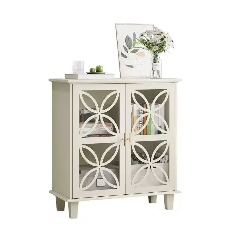 Homy Casa Mobiletto Contenitore con Ante in Vetro Decorativo e Ripiano Regolabile, Crema