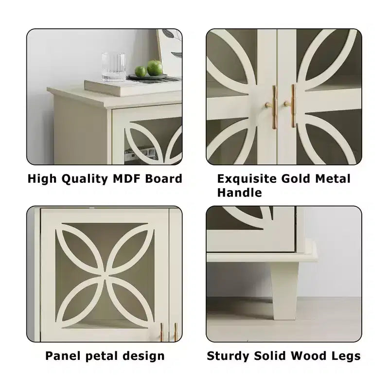 Homy Casa Mobiletto Contenitore con Ante in Vetro Decorativo e Ripiano Regolabile, Crema