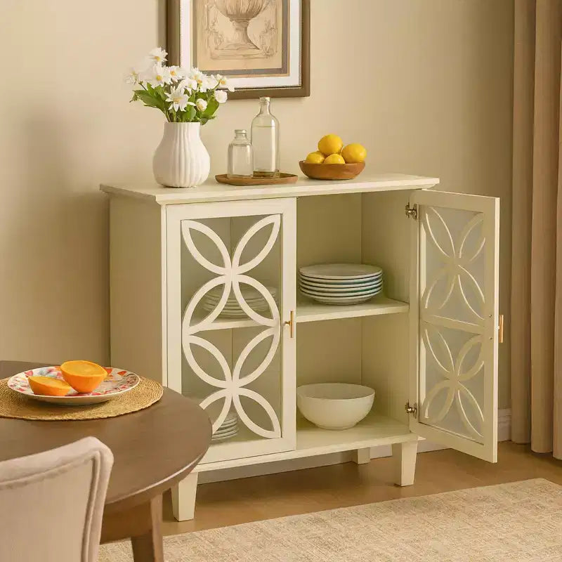 Homy Casa Mobiletto Contenitore con Ante in Vetro Decorativo e Ripiano Regolabile, Crema