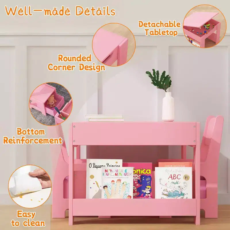 Set Tavolo e Sedie per Bambini GustoWave, Tavolo per Attività 3 in 1 con 2 Sedie, Scrivania da Disegno per Bambini, Tavolo per Lavoretti per Asilo Nido, Sala Giochi Domestica