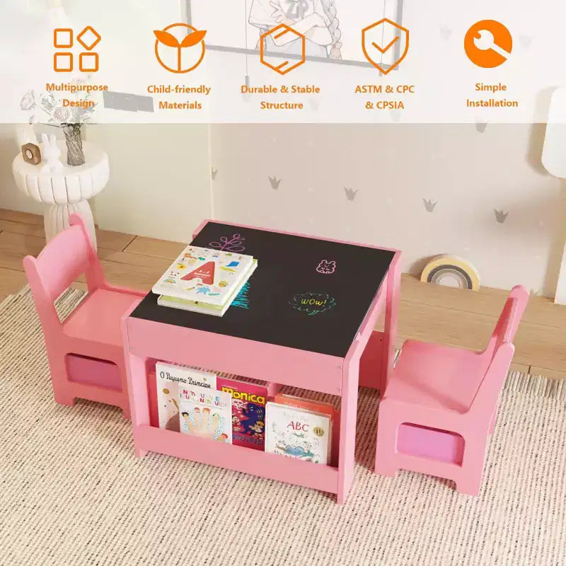 Set Tavolo e Sedie per Bambini GustoWave, Tavolo per Attività 3 in 1 con 2 Sedie, Scrivania da Disegno per Bambini, Tavolo per Lavoretti per Asilo Nido, Sala Giochi Domestica