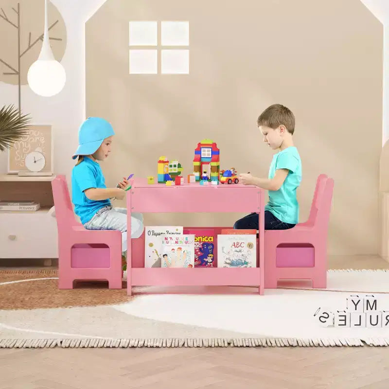 Set Tavolo e Sedie per Bambini GustoWave, Tavolo per Attività 3 in 1 con 2 Sedie, Scrivania da Disegno per Bambini, Tavolo per Lavoretti per Asilo Nido, Sala Giochi Domestica